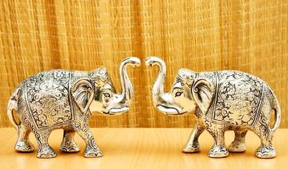 SP Handicrafts Metal Elephant Statue Gold Polish 2 pcs Set for Your Home, Office Decorative Showpiece  -  9 cm