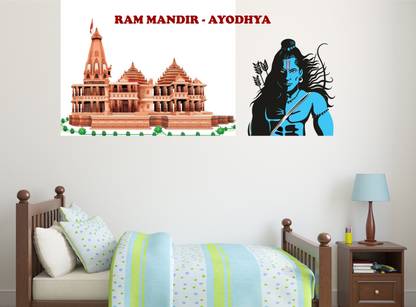 LANSTICK 106.68 cm RAM MANDIR AYODHYA WITH LORD RAM IMAGE STICKER Self Adhesive Sticker