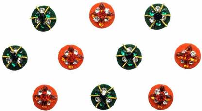 Comet Busters Round Orange and Green Bindi With Stone Crystals (9 mm) (BV368) Forehead Multicolor Bindis