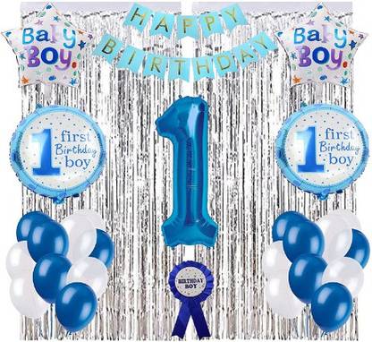 Jolly Party Boys First Birthday Decorations Combo of Balloons, Curtains, Bday Boy Badge
