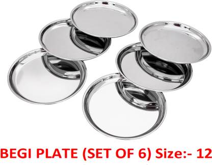 SEGA Stainless Steel 22 Gauge BEGI Plates with Mirror Finish - (Set of 6) (Size:- 12) Dinner Plate