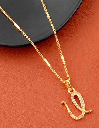 Jewel WORLD U name letter Diamond Pendant locket chain for girls & women Gold-plated Beads Alloy Pendant