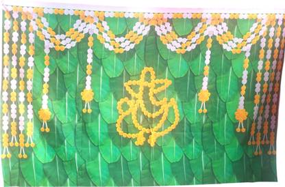 Epoojacart (Model - 33) Ganesh on Big Banana Leaf Design with Yellow and White Flowers Festival Decoration Tapestry