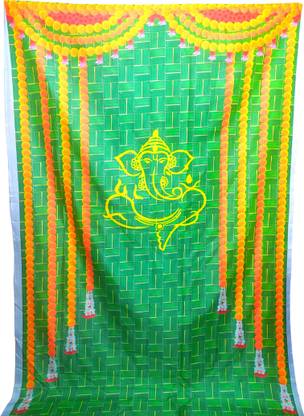 Epoojacart (Model - 17) Ganesh on Green Coconut Leaf and Marigold Flowers Design Backdrop Festival Decoration Tapestry