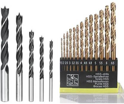 Kshivi Drill Bit Set DB:022 Combo Of 13 Pcs Twisted HSS Drill Bit For Metal And 5 Pcs Wood Working Drill Bits For Wood (Pack Of 2)