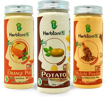 HerbtoniQ Natural Orange Peel Powder 150g, Potato Powder 200g And Mulethi Powder 150g For Face Pack