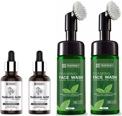 Teepzeey Organic 2% Salicylic Acid Face Serum - 40ml (2 Piece) & Built-in Brush With Tea Tree & Bio Neem Face Wash -160ml (2 Piece)