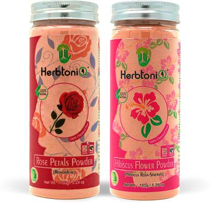 HerbtoniQ 100% Natural Rose Petals Powder (Rosoideae) And Hibiscus Flower Powder (Hibiscus Rosa- Sinensis) For Face Pack And Hair Pack