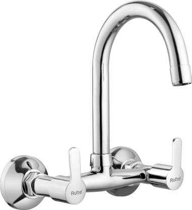 RUHE Rica Wall Mounted Double Lever Sink Mixer with Swivel Spout Faucet/Tap with Wall Flange (Chrome Finish) For Hot and Cold Water Mixer Kitchen Mixer Faucet