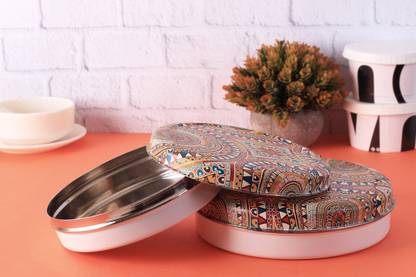 Utensza Stainless Steel Flat Canisters/Roti/Storage Containers,Design-Rajasthani White 2 Containers Lunch Box