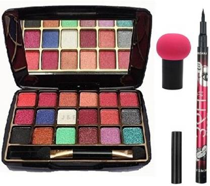 J & F 18 Colors Eye shadow Palette,36 Hours Gel Eyeliner ,Mushroom Makeup Blender Puff