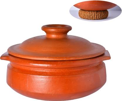 Frills & Colours Earthen Cookware/ Clay pot for Cooking & Serving- Handi Big Size-Organic-Pre-Seasoned-Red Handi 4 L with Lid