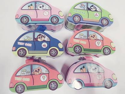 Gold Leaf Car Shape Metal Coin Box With Lock & Key Money Saving Box Set Of 6 Pcs Coin Bank