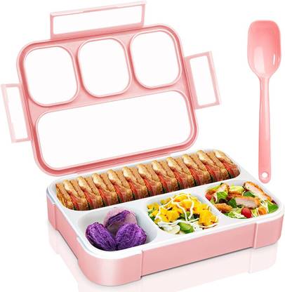 Harvic 4 Compartment Cute Lunch Boxes Leakproof With Spoon (Pink) 4 Containers Lunch Box