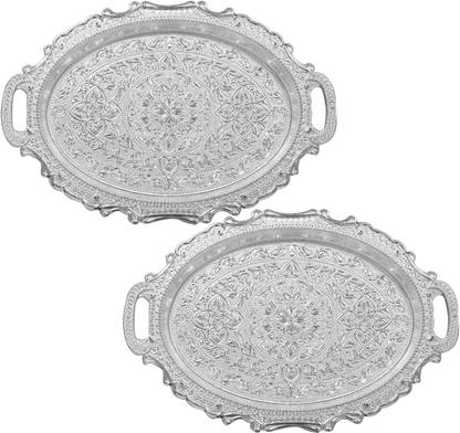 KUBER INDUSTRIES Traditional Design Plastic Serving Tray- Pack of 2 (Silver) Tray