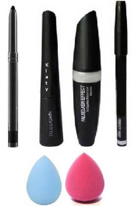 klaty 3IN1MASCARA,EYEBROW PENCIL,EYELINER+KAJAL+2BEAUTY BLENDER (6 Items in the set)