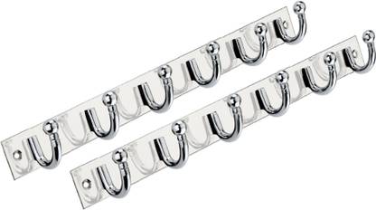 URIM Premium Stainless Steel 6 Pin Cloth Hanger Wall Mounted Bathroom Cloth Hanger,Coth Wall Hook,Door Hooks Rail for Hanging Keys,Clothes,Towel (Pack of 2) SILVER WITH 2 J HOOKS Door Hanger