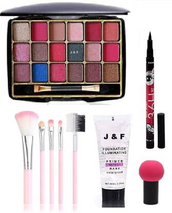Hudabird 18 Colors Eye shadow , 5Pc Makeup Brush,Primer ,36 Hours Eyeliner ,Puff