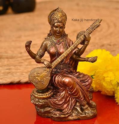 soni craft Handmade Copper 8 Inches Goddess saraswati Ji Murti For Puja Room & Decorations Decorative Showpiece - 20 cm