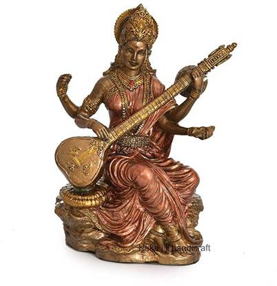 ANSH OUTLET Handmade Bronze Maa Saraswati Idol For Puja I Goddess Saraswati Statue 7 inches Decorative Showpiece  -  16 cm