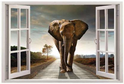 100yellow 90 cm Big Elephant 3D View Printed Wall Self Adhesive Sticker