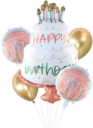 Bash N Splash Printed Happy Birthday Make a wish Cake Candles Rose gold Theme foil Balloon Set 5 Pcs Balloon