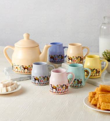 ROXX Pack of 7 Ceramic candy Morning Tea/Coffee 6 mug(180ml) & 1 Tea Pot(600ml) multicolor