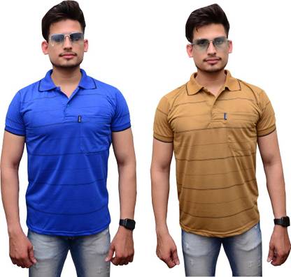 Striped Men Blue, Brown T-Shirt