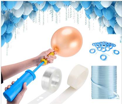 RJV Global Solid Balloon Decorating 1Tape Strip,1 Glue dot,1 Balloon Pump & 8 Sky blue Ribbon Balloon Bouquet