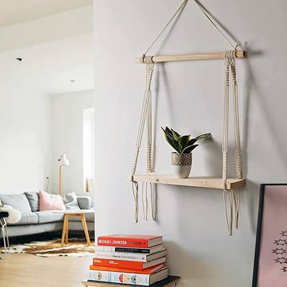Subh macrame wall hanging for living room Wooden Wall Shelf