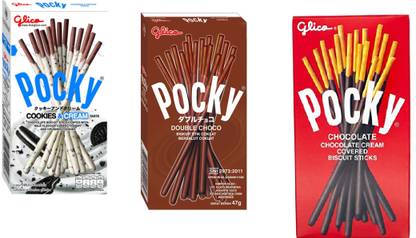 Pocky Pack Of Three | Double Choco, Cookie & Cream , Chocolate Flavour, Imported Cookies Biscuit