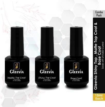Gleevia Combo Kit of UV Nail Top Coat Glossy, Matte and Base Coat Rubber 15ml Each Pack for Beginners and Professionals Transparent