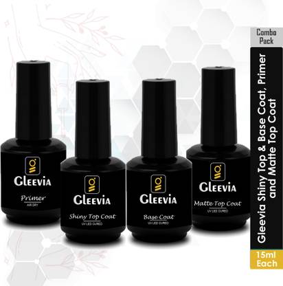 Gleevia Combo Kit of UV Nail Primer, Top Coat Glossy, Matte and Base Coat Rubber 15ml Each Pack for Beginners and Professionals Transparent