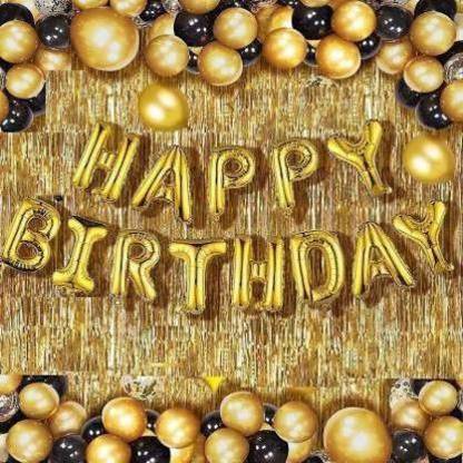 Party clue Solid Happy Birthday Golden Foil Letter Balloons With 2 Pcs Gold Curtain,30 Black Gold Balloon