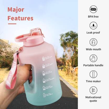 HOUSE OF QUIRK 2.3L Leakproof Portable Gym Bottle with Handle & Time Marker (Pink/Green) 2300 ml Bottle
