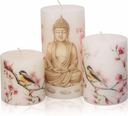 AuraDecor Set of 3 Pillar Candles for Meditation Purposes , Gifting Purposes, Spa Candles, Buddha Imprinted Candles ( 3*3 inch , 3*4 Inch 3*6 Inch) Candle