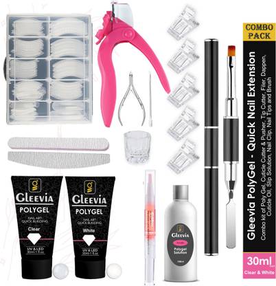 Gleevia PolyGel Nail Art Quick Building - Quick Nail Extension Gel Clear & White (Combo Kit)