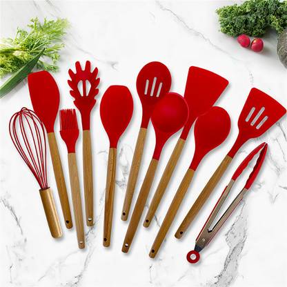 faire la cuisine 12 Pc Food Grade Wood Handle Non-stick Baking Cooking Silicone Utensils, Red Kitchen Tool Set