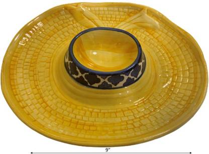 Your Local Store POTTERY CHIP & DIP PLATTER FOR SERVING SNACKS WITH ATTACHED BOWL SET OF 1 Chip & Dip Tray