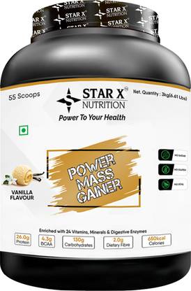 Star X nutrition Power Mass Gainer (Vanilla) - 26g Protein, 130g Carbohydrates, 4.3g BCAA, (3kg) Weight Gainers/Mass Gainers
