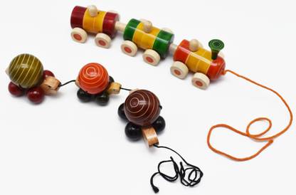 justhandmade Wooden Pull Along Toy With Rotating Ball Turtle |Chicku Bukku Train (3 Joint)
