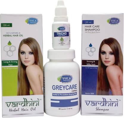 VHCA Pre-mature Greying of Hair Packages (1 Month) Combo of Greycare Capsules,Tricho Nasal Drops, Vardhini Oil and Vardhini Shampoo