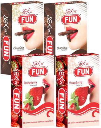 Sex 'n' Fun CONDOMS Combo Pack - 2 Flavours (Chocolate + Strawberry)(Set of 4 Big packs) Condom