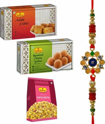 Haldiram's Nagpur Milk Cake 250g, Roasted Chana Ladoo 250g, Khatta Meetha 200g With Rakhi Assorted Gift Box