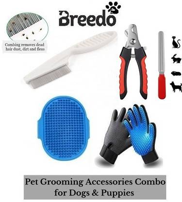 Breedo Combo Of 4 Imported Flea Comb + Gloves + Gloves + Nail Clipper Grooming Kit Basic Comb for  Dog & Cat, Dog, Monkey, Rabbit, Hamster
