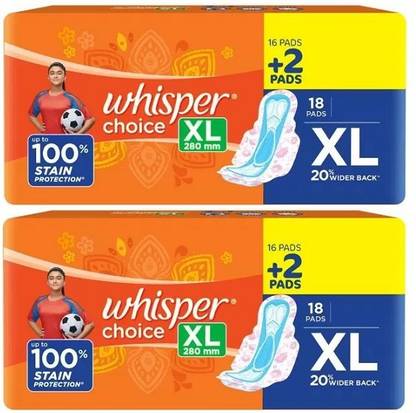 Whisper Choice XL 280 mm 20% Wider Back - 18+18 Pads Sanitary Pad