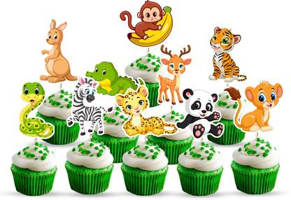 ZYOZI 10 Pcs Animal Safari Jungle Cupcake Toppers Zoo Theme Party Decorations Birthday Cupcake Topper