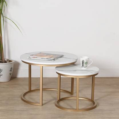 PRITI Coffee Table Nesting Side Coffee Tables Set of 2 Golden White Marble Stone Nesting Table