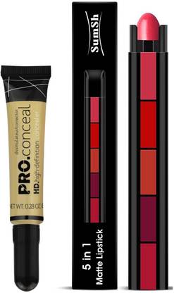 SumSh 5 in 1 Matte Lipstick (RED Edition), Pro Conceal High-Definition Concealer (Green)