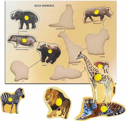 AMUSING Wild Animals Name with Knobs Wooden Educational Learning Jungle Animal Tray